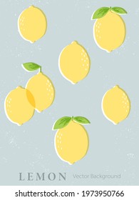 Hand drawn lemon illustration on distressed light gray background. Background design template with lemons for poster, web banner, flyer, cover, package, greeting card. 