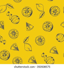 Hand drawn lemon illustration. Seamless pattern