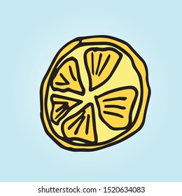 Hand drawn lemon isolated on blue background in unique trendy organic style. Vector illustration for menu design, packaging, cooking book.
