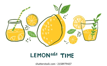 Hand drawn lemon, jar with lemonade, glass of lemonade. Text lemonade time. Poster with lemonade. Illustration for icon, logo, print, card, emblem, label. Fresh drink.