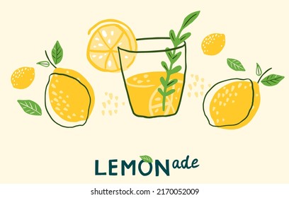 Hand drawn lemon, jar with lemonade, glass of lemonade. Text lemonade time. Poster with lemonade. Illustration for icon, logo, print, card, emblem, label. Fresh drink.