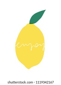Hand drawn lemon with leaf on the white background