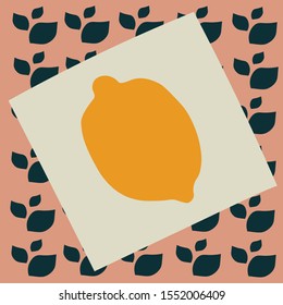 Hand drawn lemon logo on the leaf background. Vector logotype with isolated lemon.  Perfect logo for business