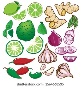 hand drawn lemon, onion, garlic, chilli, bergamot, ginger with leaf isolated on white background. Vector illustration.