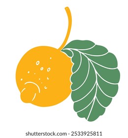 Fruta de limão ou laranja desenhada à mão com caule e folha no desenho de linocut. Ilustração vetorial isolada em silhueta