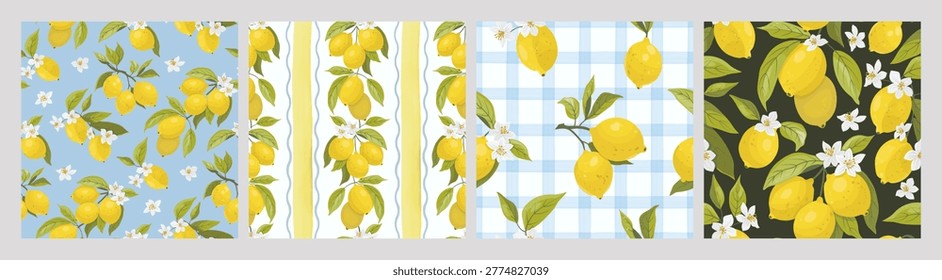 Hand drawn lemon pattern set in fresh coastal summer style. Citrus branches with blossoms on blue, striped, gingham and dark backgrounds. Ideal for packaging, textile, branding and decorative design.