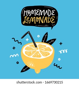 Hand drawn lemon with place for your text. Homemade lemonade, summer vector illustration. Design for menu or label on bottle.