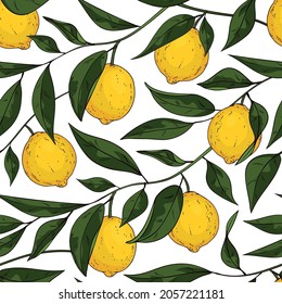 Hand drawn lemon seamless pattern. Sketch style colorfull design for fabric, wallpaper, cover and other.