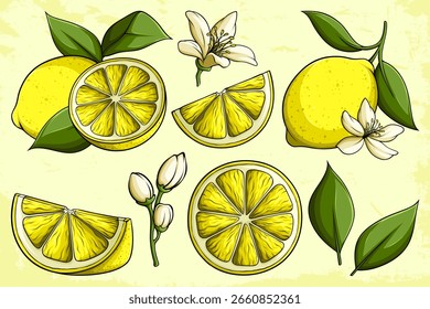 Handgezeichnetes Zitronensatz Zitrusfrüchte, Blumen und grüne Blätter, Sammlung von Zitronen, Zitronenscheiben, Blüten und grünen Blättern