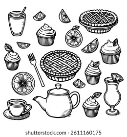 Hand drawn lemon set on lemon theme, sour, lemon drinks, pie, cupcakes and lemon wedges. in line art style. line art, doodle, line