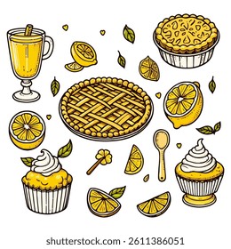 Hand drawn lemon set on lemon theme, sour, lemon drinks, pie, cupcakes and lemon wedges. in line art style. line art, doodle, line	