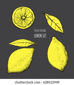 Hand drawn lemon set. Yellow on dark background.