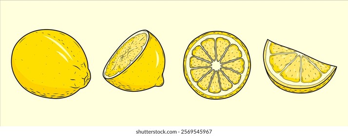 Hand Drawn Lemon Sketch Collection: Whole Fruits, Slices, and Leaves Isolated on White Background. Citrus Vector Illustration Set for Vegan Cuisine and Design Projects.