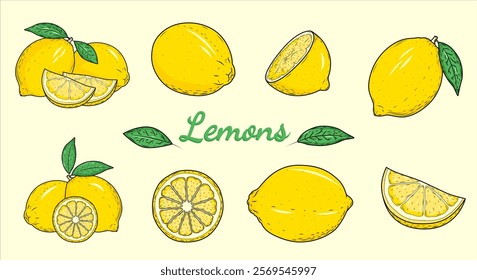 Hand Drawn Lemon Sketch Collection: Whole Fruits, Slices, and Leaves Isolated on White Background. Citrus Vector Illustration Set for Vegan Cuisine and Design Projects.