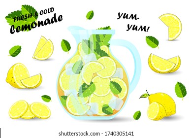 Hand drawn lemon, lemon slice, jar with lemonade, speech bubble. Summer set with lemonade and it's ingredients. Lemon, lemon slice
