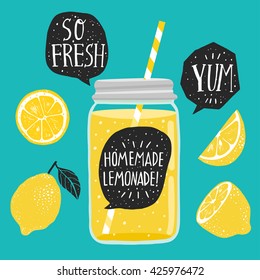 Hand drawn lemon, lemon slice, jar with lemonade, speech bubbles with handwritten lettering