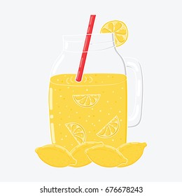 Hand drawn lemon, lemon slice, jar with lemonade.Lemonade juice icon isolated on white background