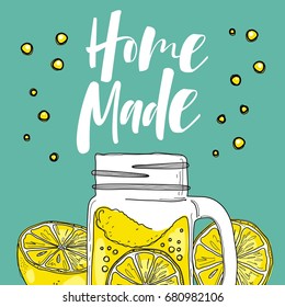 Hand drawn lemon, lemon slice, jar with lemonade.