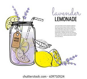 Hand drawn lemon, lemon slice, lavender, straw with place for your text,  glass jar with lemonade, a sketch of homemade lemonade, summer template