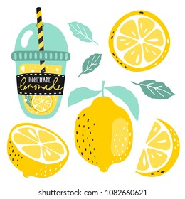 Hand Drawn Lemon, Lemon Slice, Lemonade, Leaves And Handwritten Text