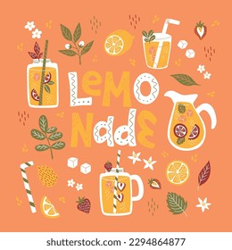 Hand drawn lemon, lemon slice, lemonade, leaves and handwritten text. Vector Illustration hand drawing doodle style.