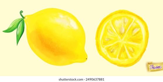 Hand drawn lemon with a slice missing. The drawing is on a soft yellow background. The lemon is shown in its entirety, with the stem and the top of the fruit visible