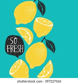 Hand drawn lemon, lemon slice, speech bubble with "So fresh" handwritten lettering