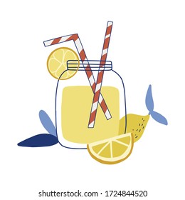 Limón dibujado a mano, rodaja de limón, paja, frasco de vidrio con limonada, boceto de limonada casera, ilustración vectorial de verano
