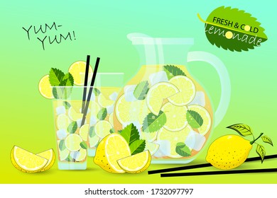 Hand drawn lemon, lemon slice, straw and a tag for your text, glass jar with lemonade. Lemon juice bubble drink