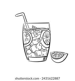 Limón dibujado a mano, rodaja de limón, paja con lugar para su texto, tarro de vidrio con limonada, un boceto de limonada casera, ilustración vectorial de verano, plantilla