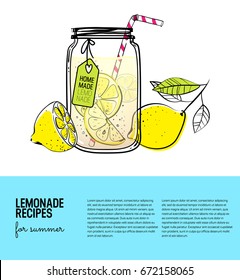 Hand drawn lemon, lemon slice, straw with place for your text,  glass jar with lemonade, a sketch of homemade lemonade, summer vector illustration, template