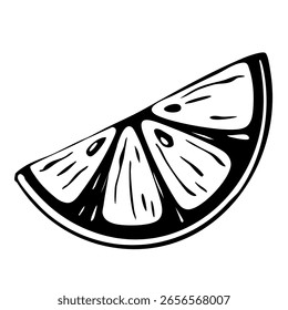 Fatia De Limão Desenhada À Mão Estilizada Ilustração Em Preto E Branco. Citrinos Orgânicos Tropicais Suculentos