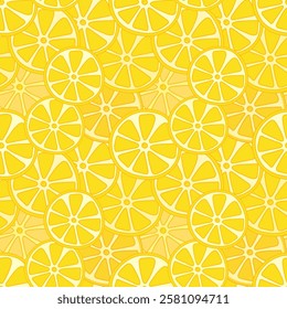 Hand Drawn Lemon Slices Seamless Pattern. Fresh citrus, chopped lemons pattern, cartoon summer lemonade backdrop, juice and vitamin products.