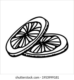Von der Hand gezeichnet, Zitronenscheiben. Vektorgrafik, einzelne Skizzen, lineares Grafikdesign. Schwarz-Weiß-Bild von Obst. Stockillustration.