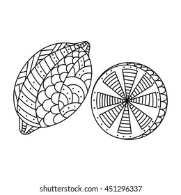 Hand Drawn lemon in the style of zentangle, doodling. Contour Decorative Citrus. Vector monochrome illustration