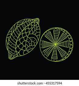 Hand drawn lemon in the style of zentangle, doodling. Contour Decorative Citrus. The linear yellow pattern on a black background.vector illustration