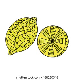 Hand drawn lemon in the style of zentangle, doodling. Black outline with yellow background Ornamental Citrus. vector illustration