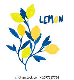 Hand drawn lemon tree branch. Colored vector illustration