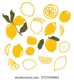 Hand drawn lemon vector illustration set in a playful, minimal style. Collection of whole lemons, lemon slices, halves, outlines, and leaves in bright yellow colors.