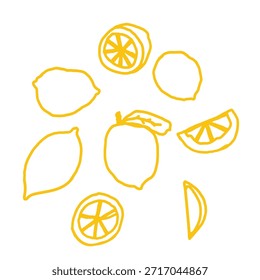 Hand drawn lemon vector illustration set in a playful, minimal style. Collection of whole lemons, lemon slices, halves, outlines, and leaves in bright yellow colors.
