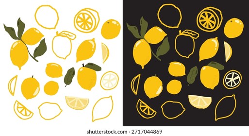 Hand drawn lemon vector illustration set in a playful, minimal style. Collection of whole lemons, lemon slices, halves, outlines, and leaves in bright yellow colors.