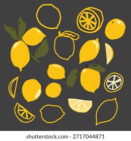 Hand drawn lemon vector illustration set in a playful, minimal style. Collection of whole lemons, lemon slices, halves, outlines, and leaves in bright yellow colors.