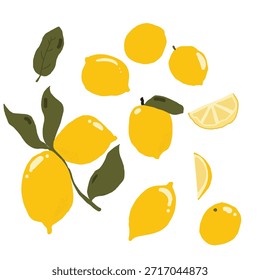Hand drawn lemon vector illustration set in a playful, minimal style. Collection of whole lemons, lemon slices, halves, outlines, and leaves in bright yellow colors.