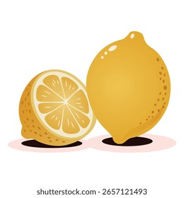 Dibujado a mano limón entero y rebanada, ilustración amarilla linda rica en fruta de vitamina C