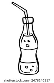 Hand drawn lemonade bottle  with a straw isolated on a white background. Doodle icon. Hand drawn cola bottle black sketch. Decoration element. Vector illustration.