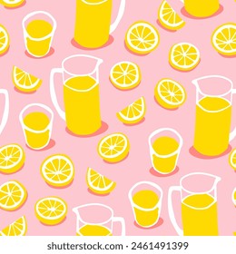 Dibujado a mano limonada bebida sin patrón ilustración. Fondo de fruta de limón retro con jarra y vidrio. Impresión de Fondo de pantalla de dibujo de bebidas de verano fresco de Antiguas.