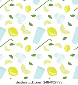 Hand drawn lemonade drink seamless pattern illustration. Retro lemon fruit background with glass, Drinking Straw, Ice cubes and Lemon Slices. Vector Vintage fresh summer beverage wallpaper print.