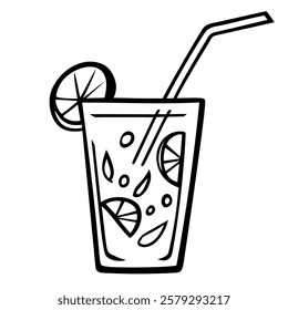 Hand drawn Lemonade in a glass cup with a straw in doodle style isolated on a white background. Vector illustration. Perfect for greeting card, postcard, print, design, menu.