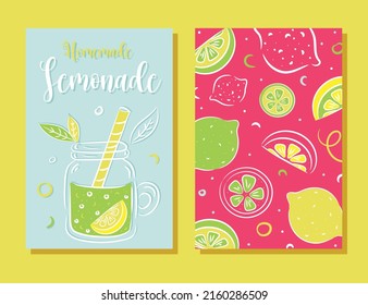 Hand drawn lemonade. Lemon juice bubble drink with labels and typography, summer cold cocktail. Vector sketch lemons tropic juice with jug