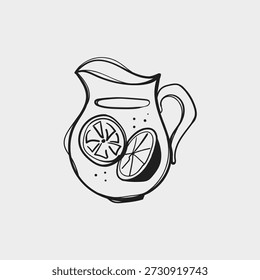 Arremessador de limonada desenhado à mão com fatias de limão em estilo doodle. Ilustração de vetor de linha preta isolada no fundo branco. Perfeito para menus de café, marca de bebidas de verão e embalagem.